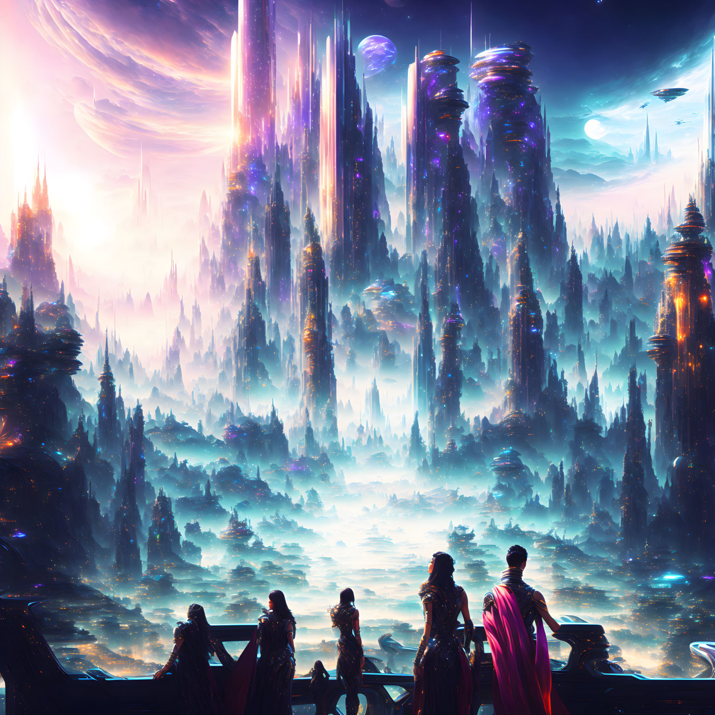 Individuals in cloaks view fantastical landscape with spires and light columns