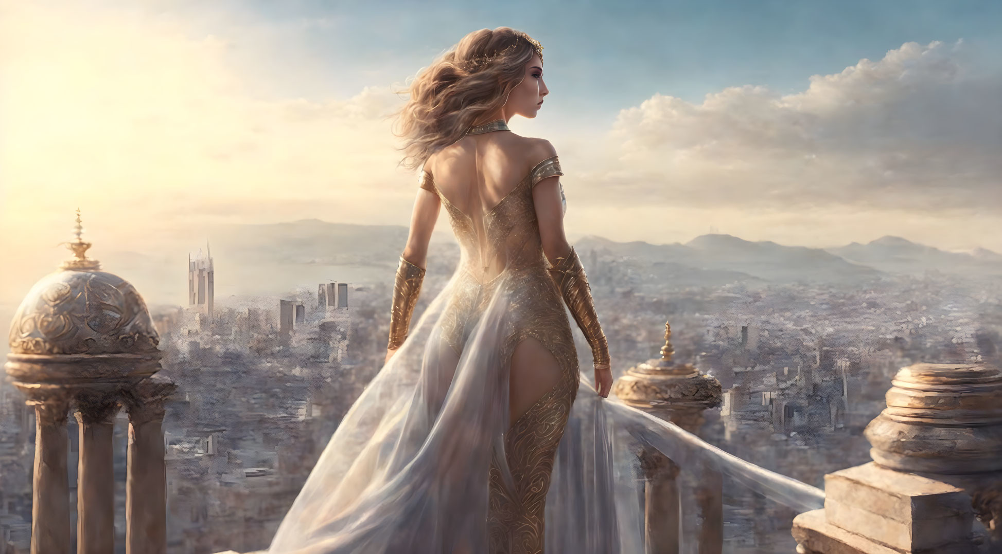 Elegant woman in gold-trimmed dress on balcony at sunrise