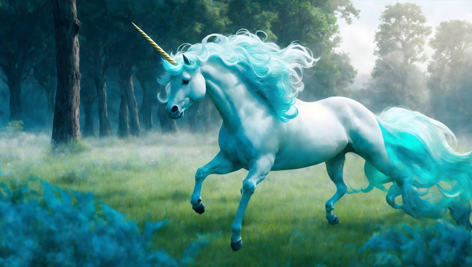 Majestic unicorn with golden horn in misty blue-flowered forest