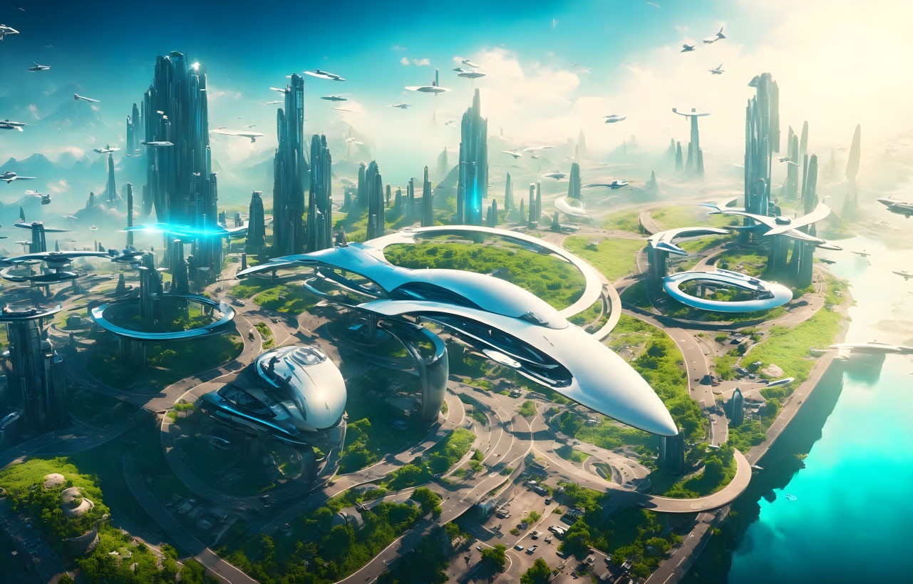 Futuristic cityscape with skyscrapers, greenery, flying vehicles, and infrastructure