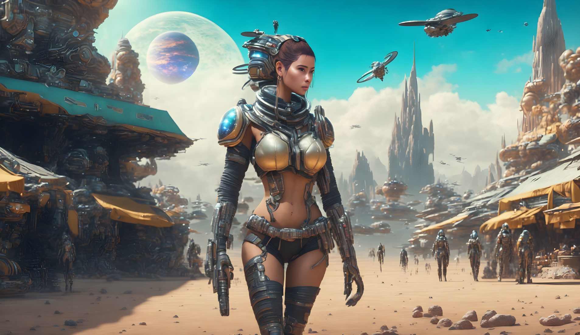 Futuristic female warrior in armor with sci-fi desert backdrop