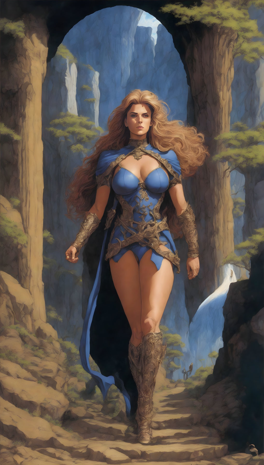 Warrior woman in blue and bronze armor with sword hilt, exuding strength.