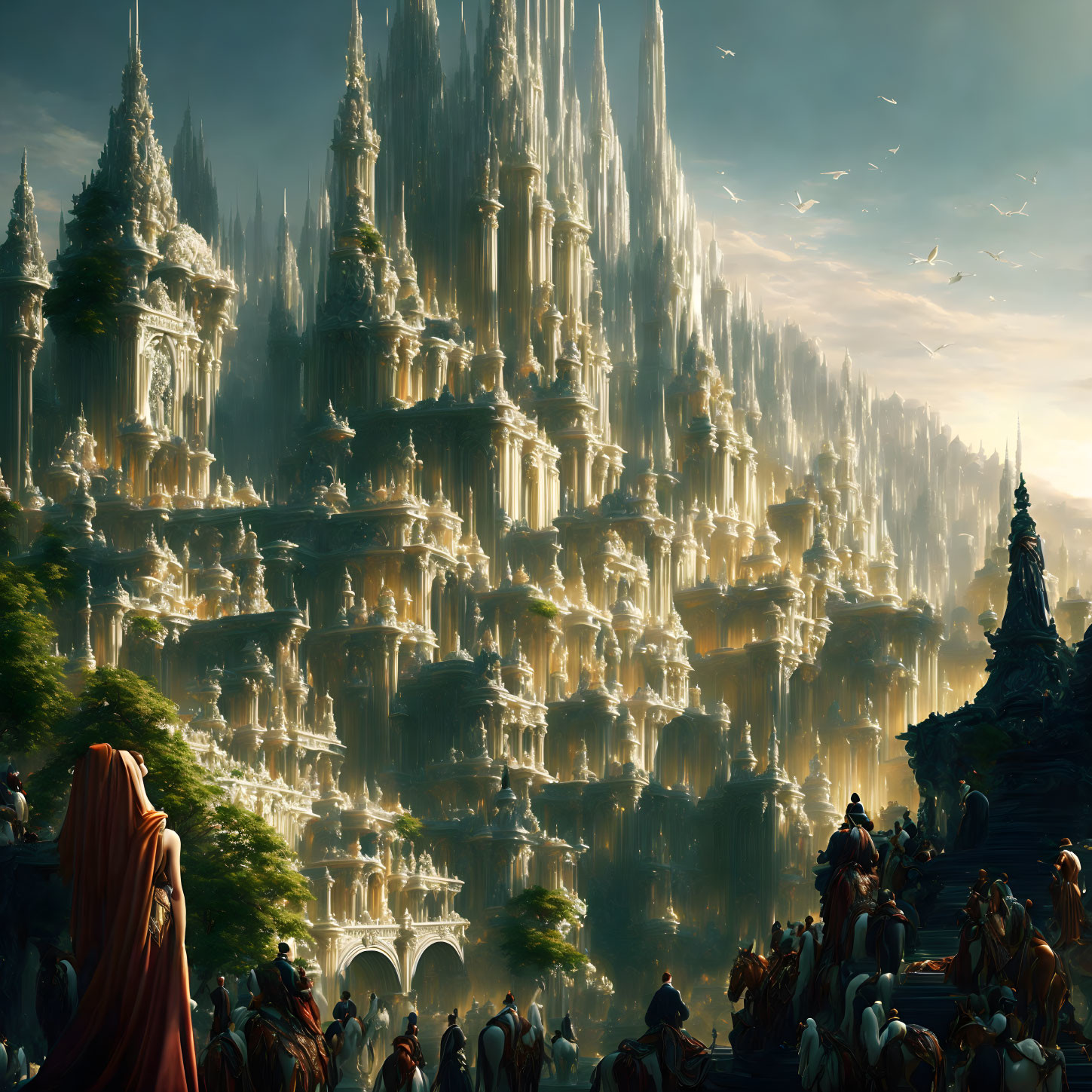 Fantasy city with towering spires and golden light.