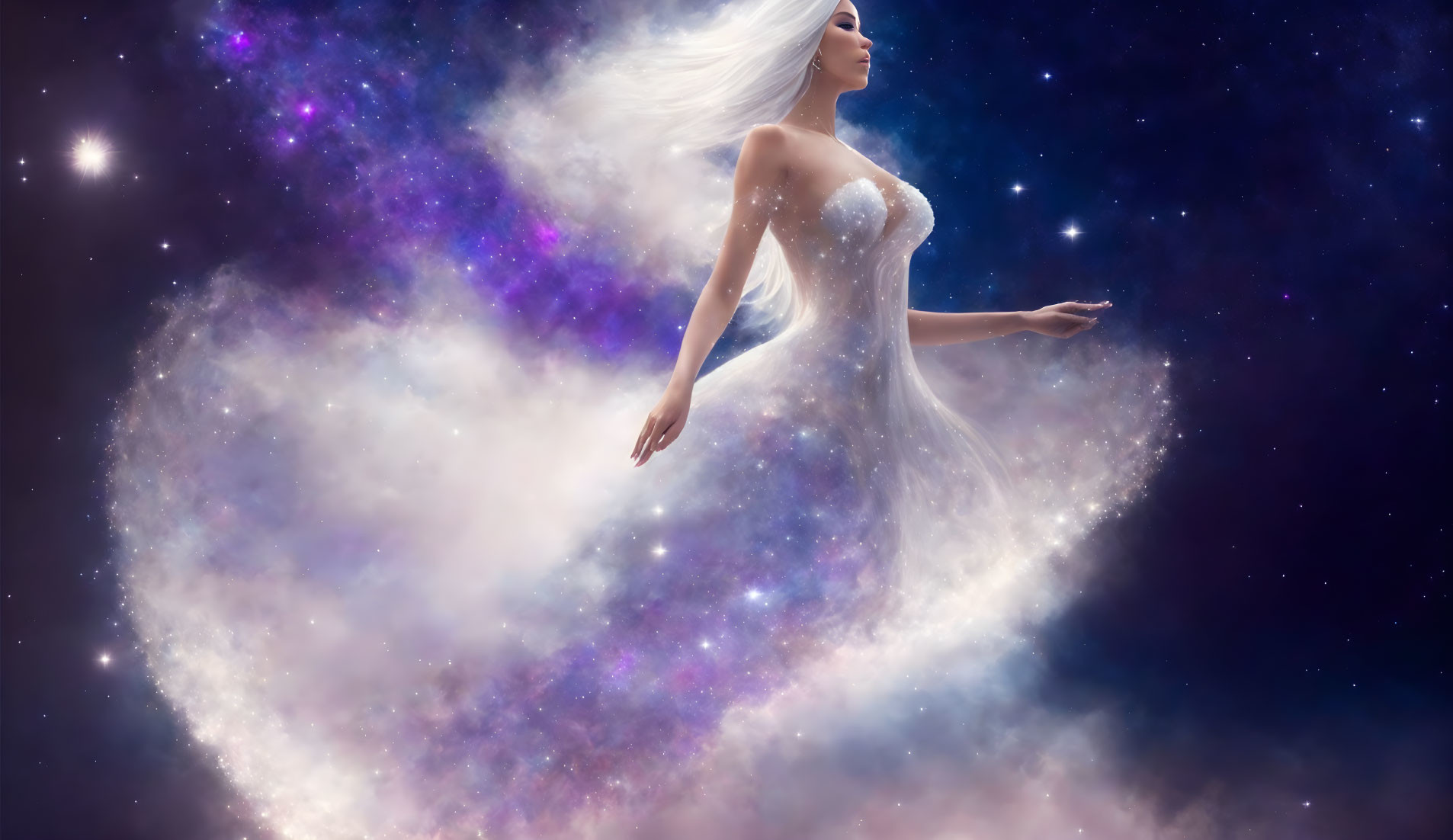 White-Haired Woman Merges with Starry Nebula in Cosmic Scene