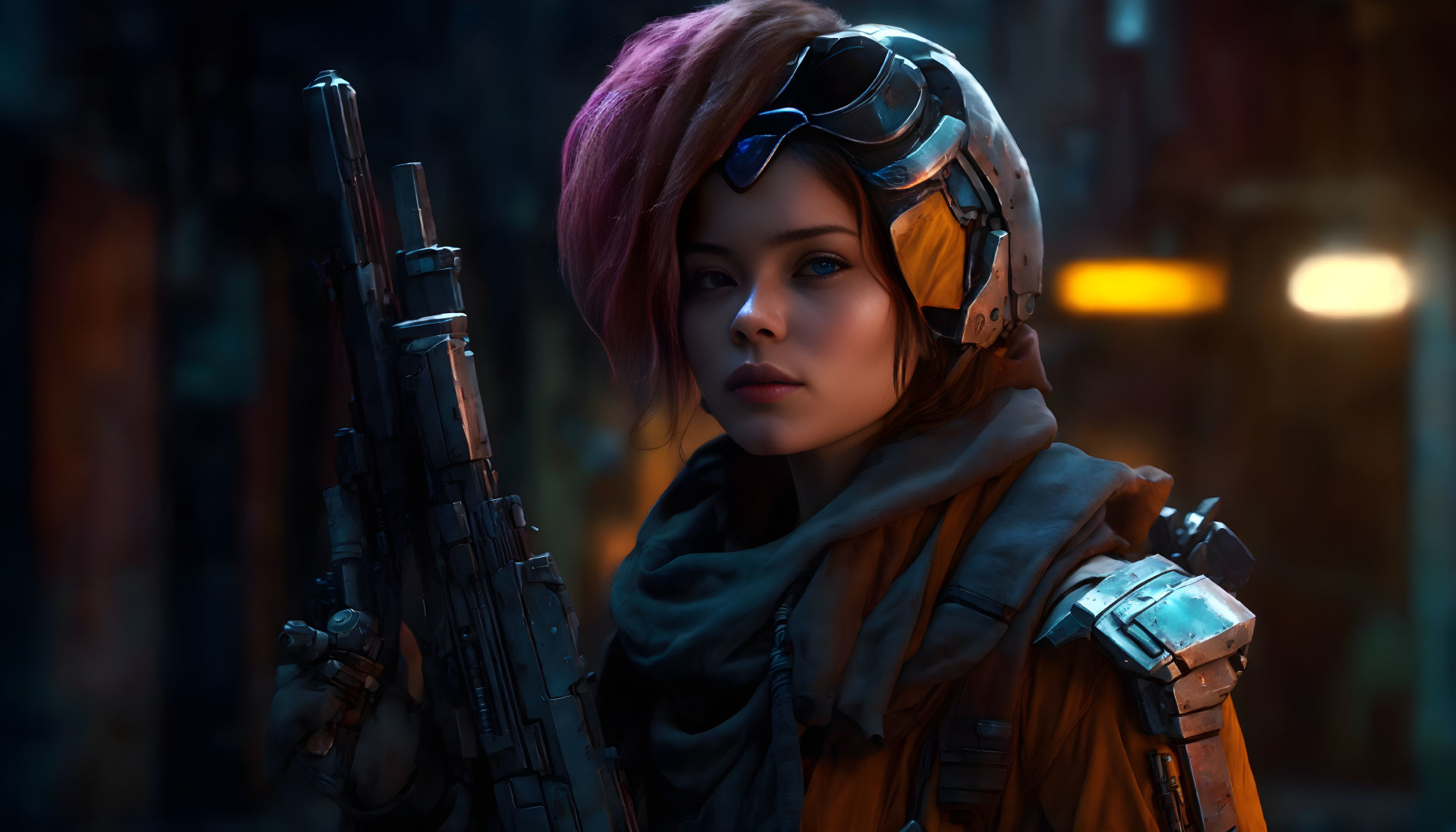 Pink-haired woman in futuristic armor with rifle in neon-lit setting