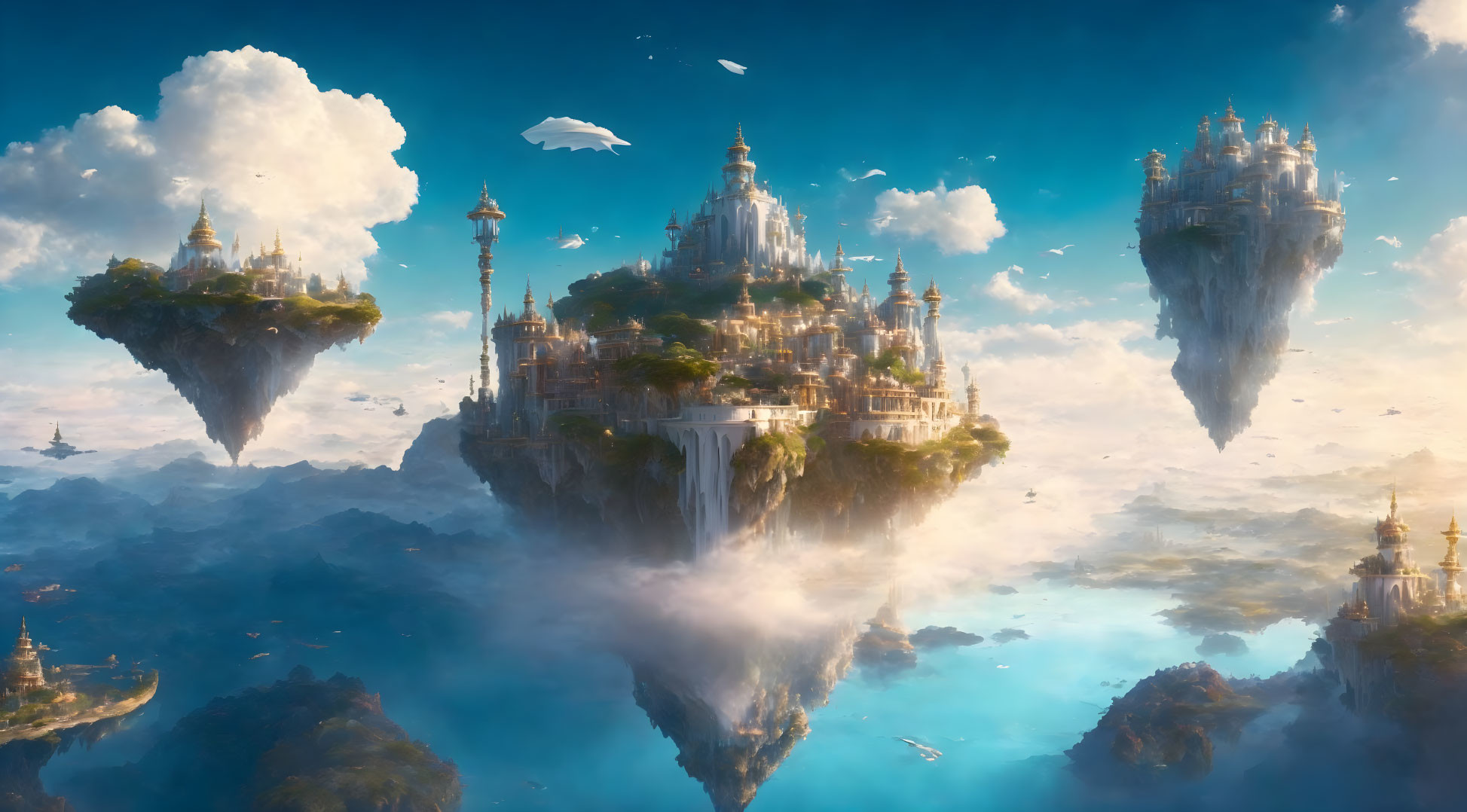 Majestic castles on floating islands with airships in blue skies