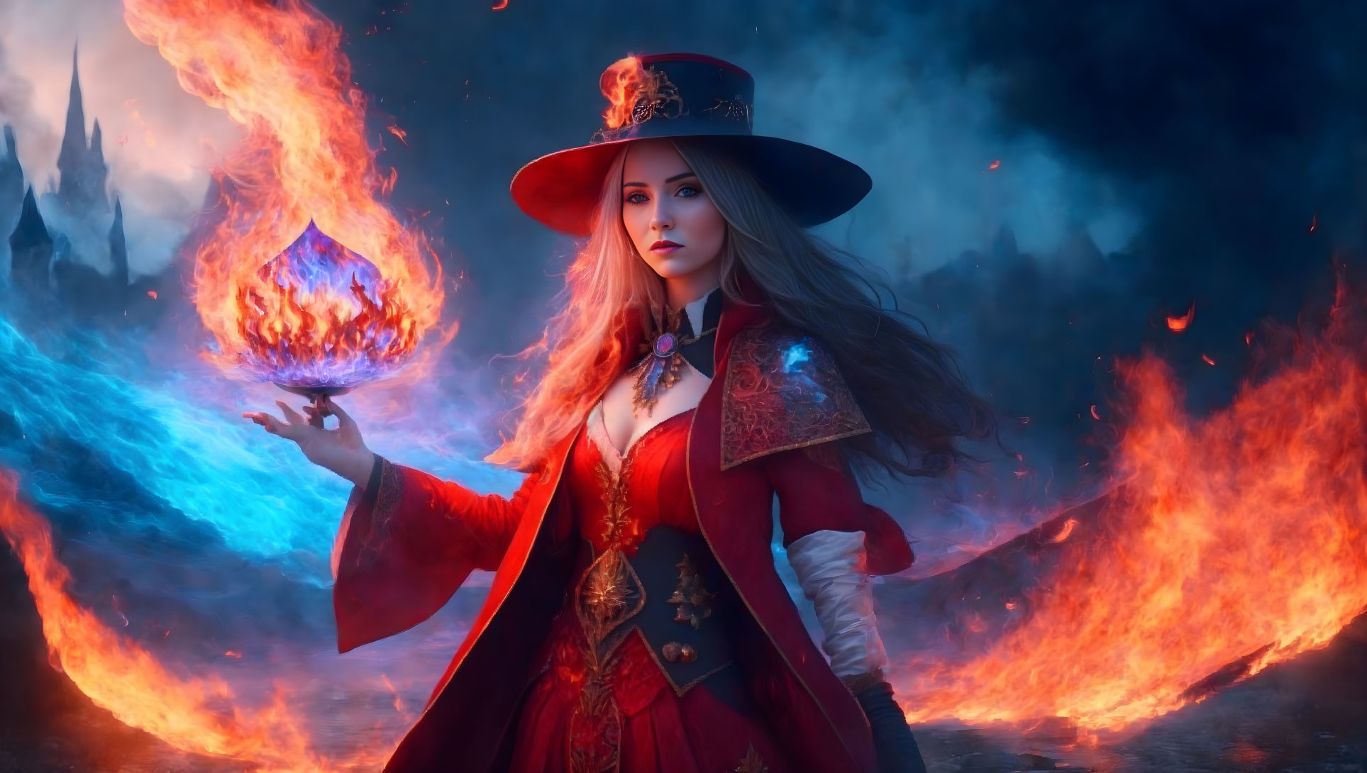 Woman in Red Cloak and Hat Conjures Blue Flame in Fiery Scene