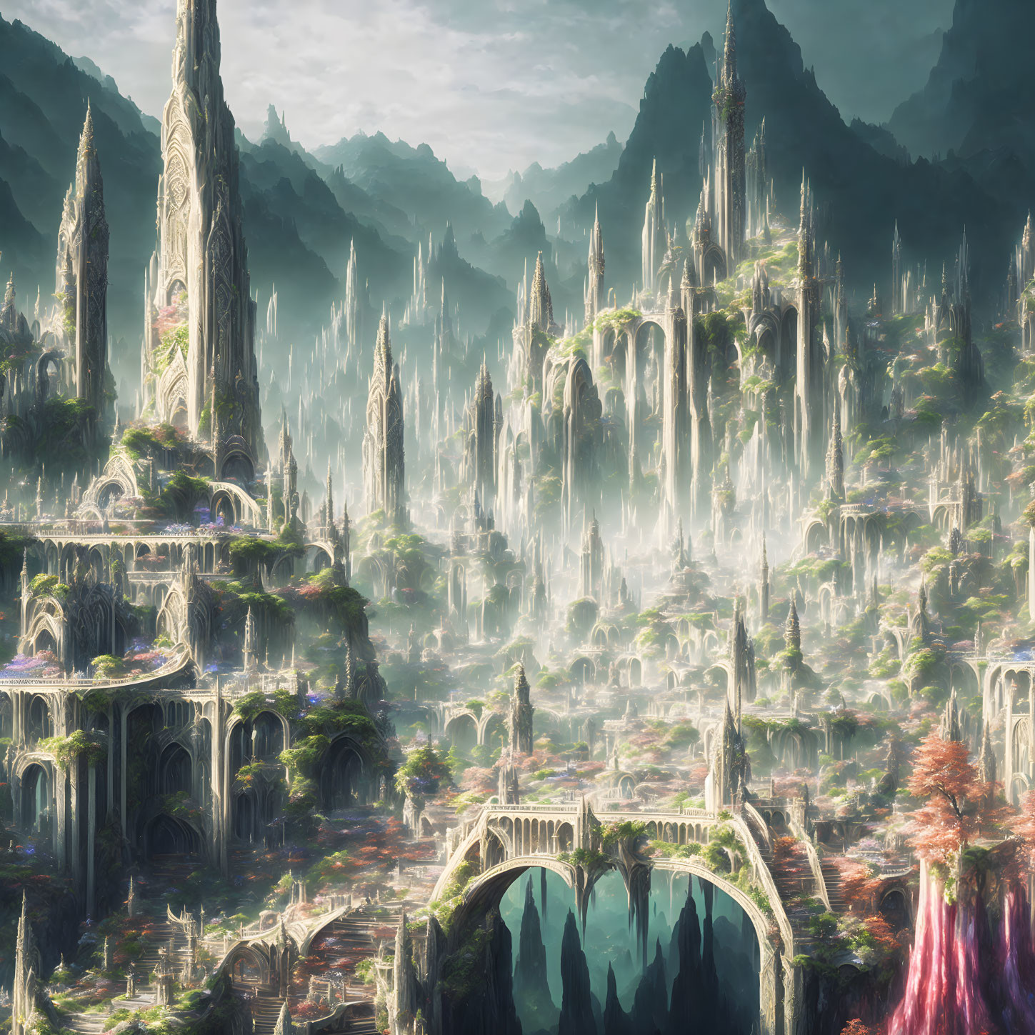 Fantasy landscape with spires, bridges, waterfalls, and lush foliage