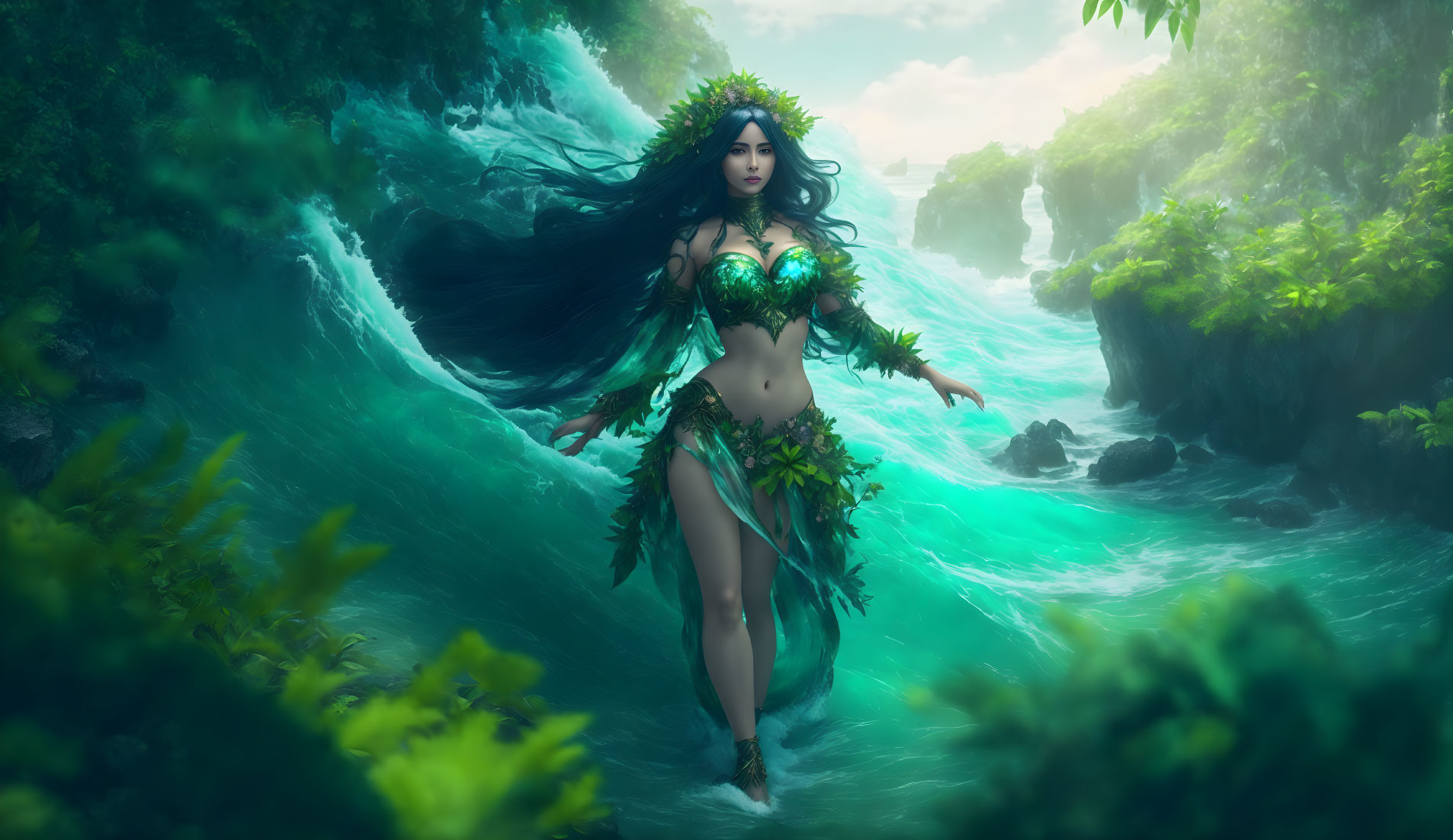 Mystical forest nymph with flowing hair in green attire amid lush greenery and waterfalls.