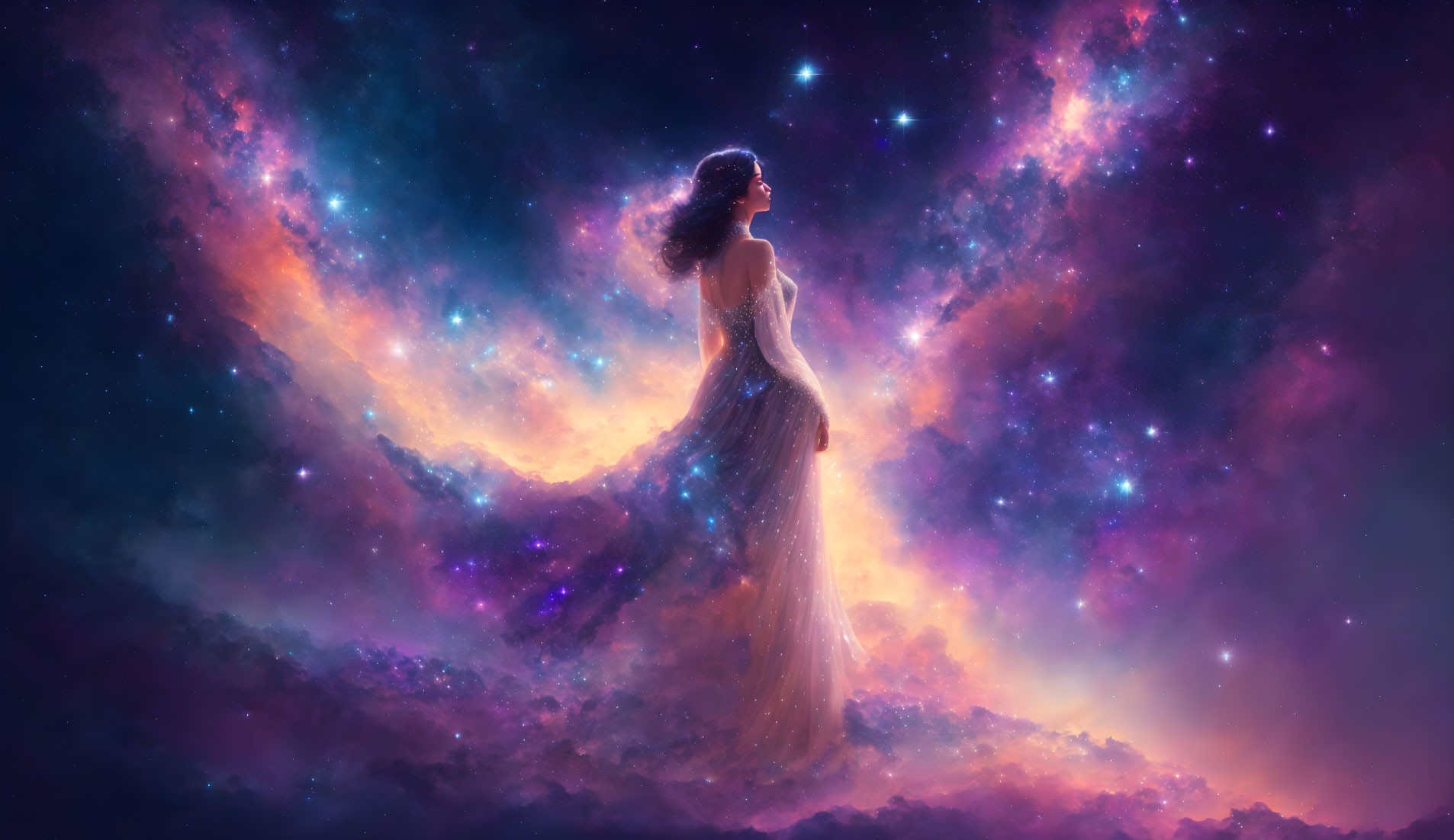 Woman in flowing dress amid vibrant cosmic nebula and stars.