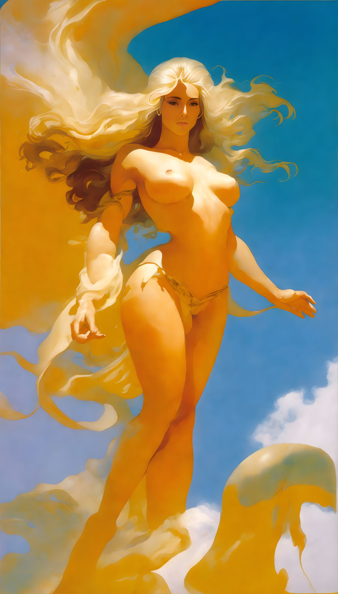 Mythical female figure with flowing hair against vivid blue sky