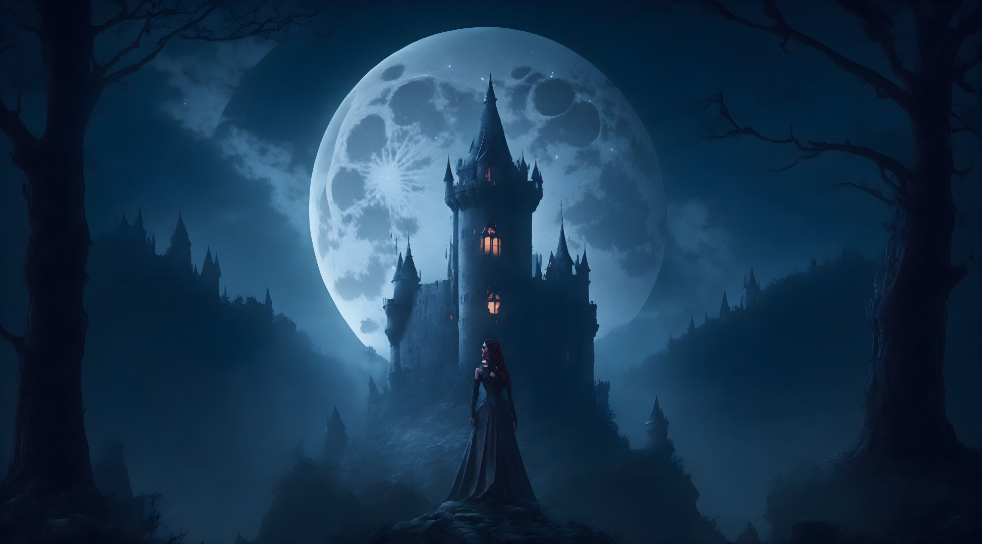 Woman in red cloak at castle under full moon in mystical landscape