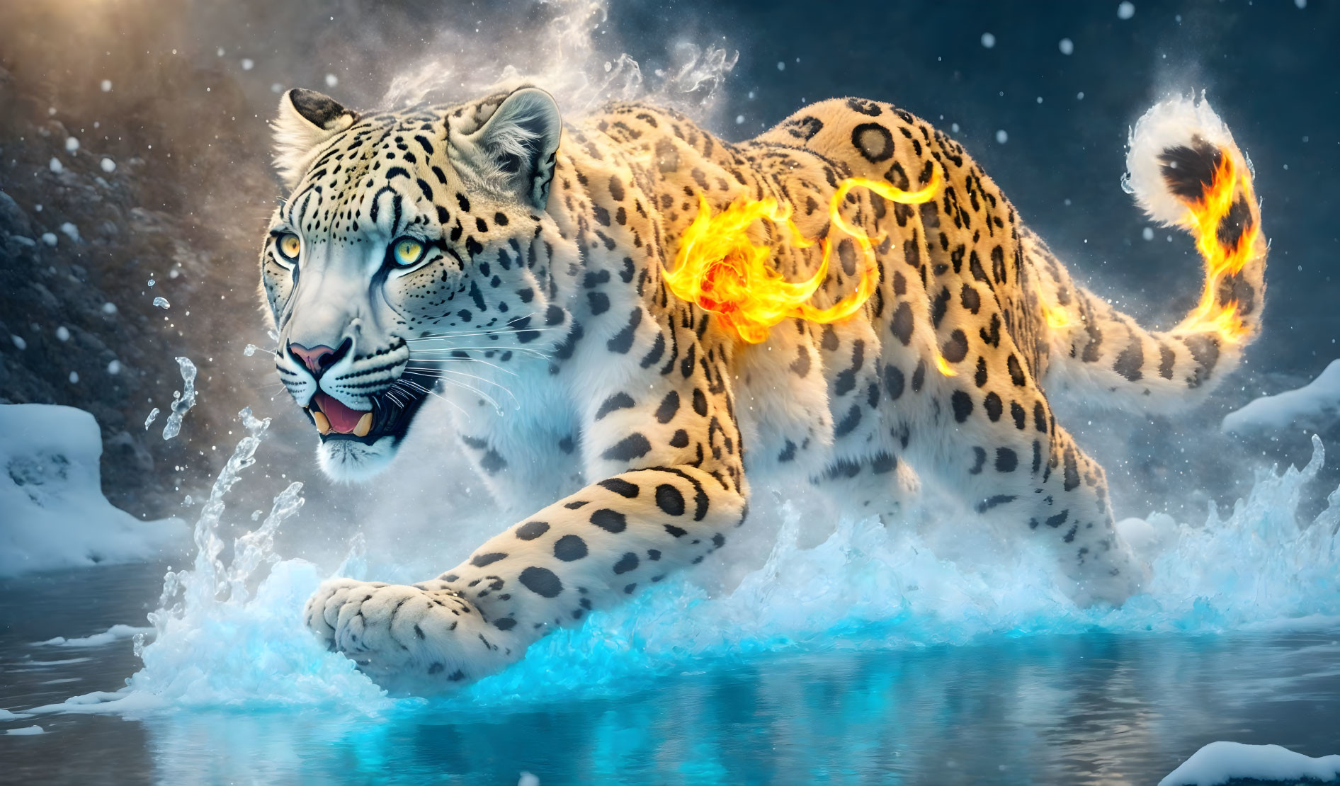 Snow leopard with fiery tail and paws running through water with snowflakes - fusion of ice and