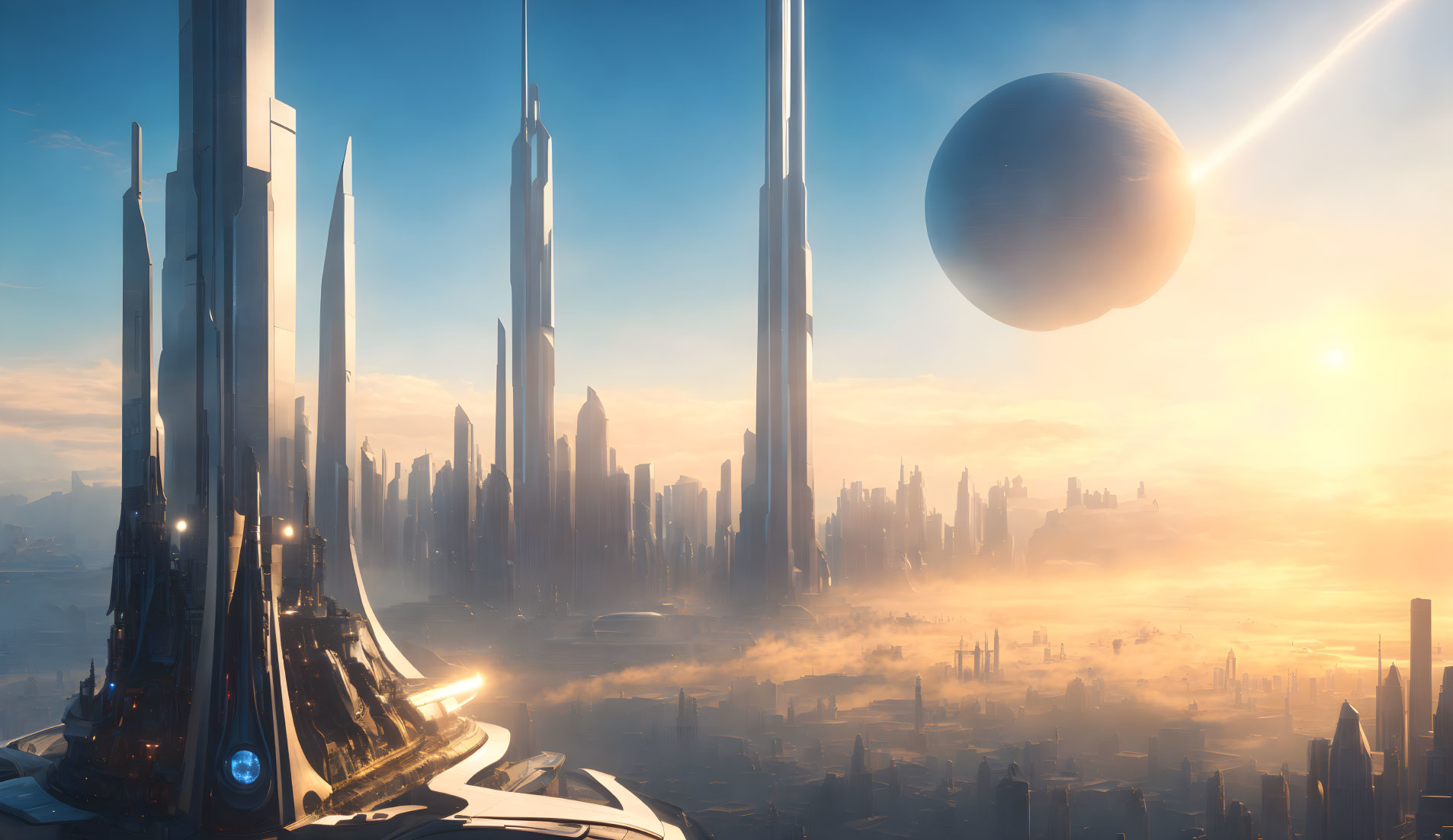 Futuristic cityscape at sunrise with skyscrapers and giant planet in the sky