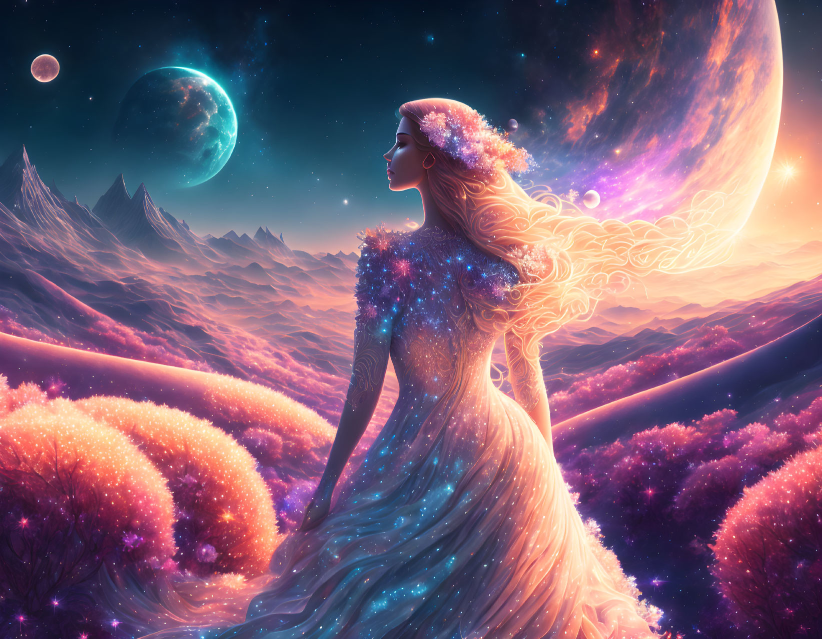 Fantasy-themed artwork of a woman with ethereal wings in an alien landscape