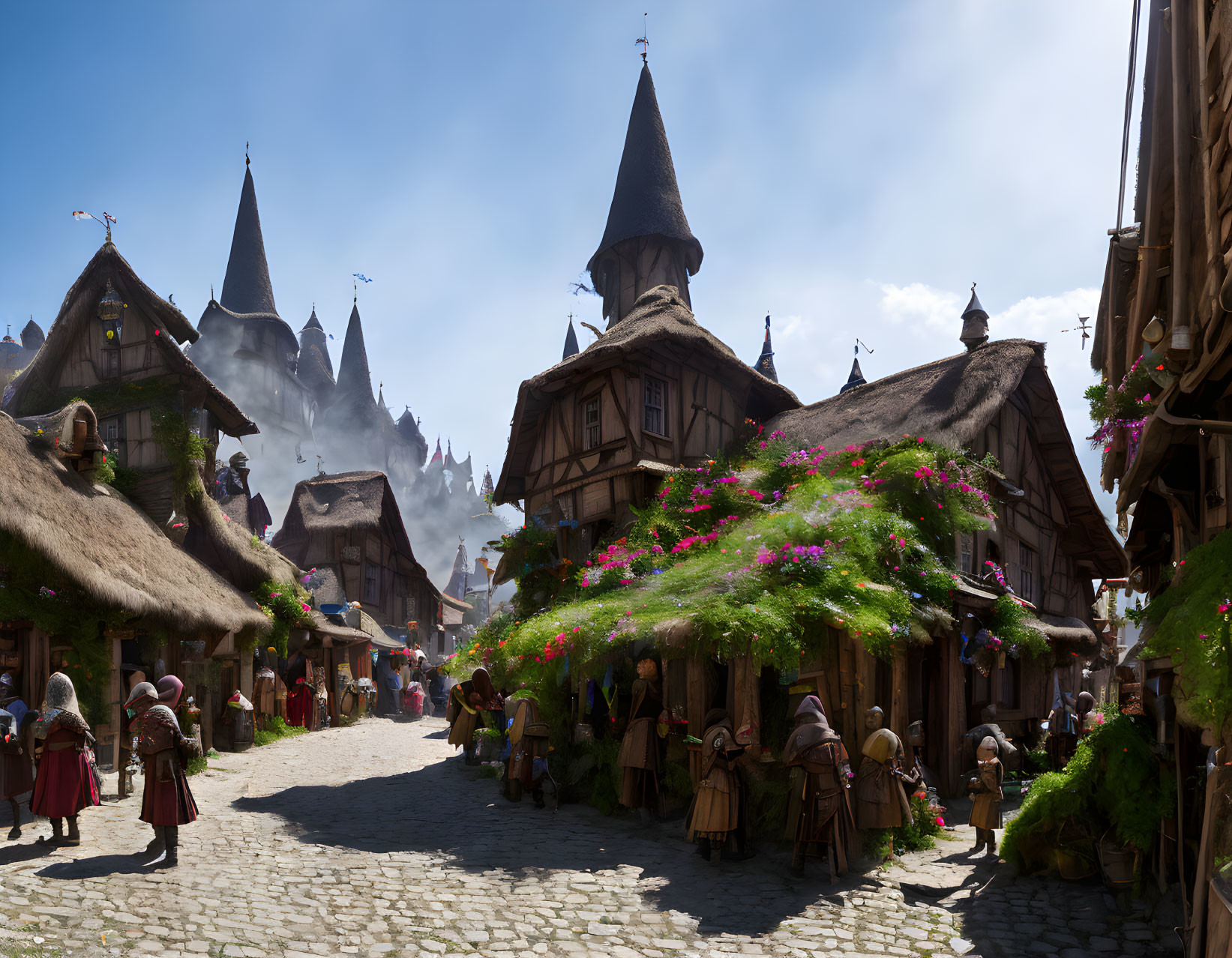 Medieval village scene with thatched-roof cottages and villagers in period attire