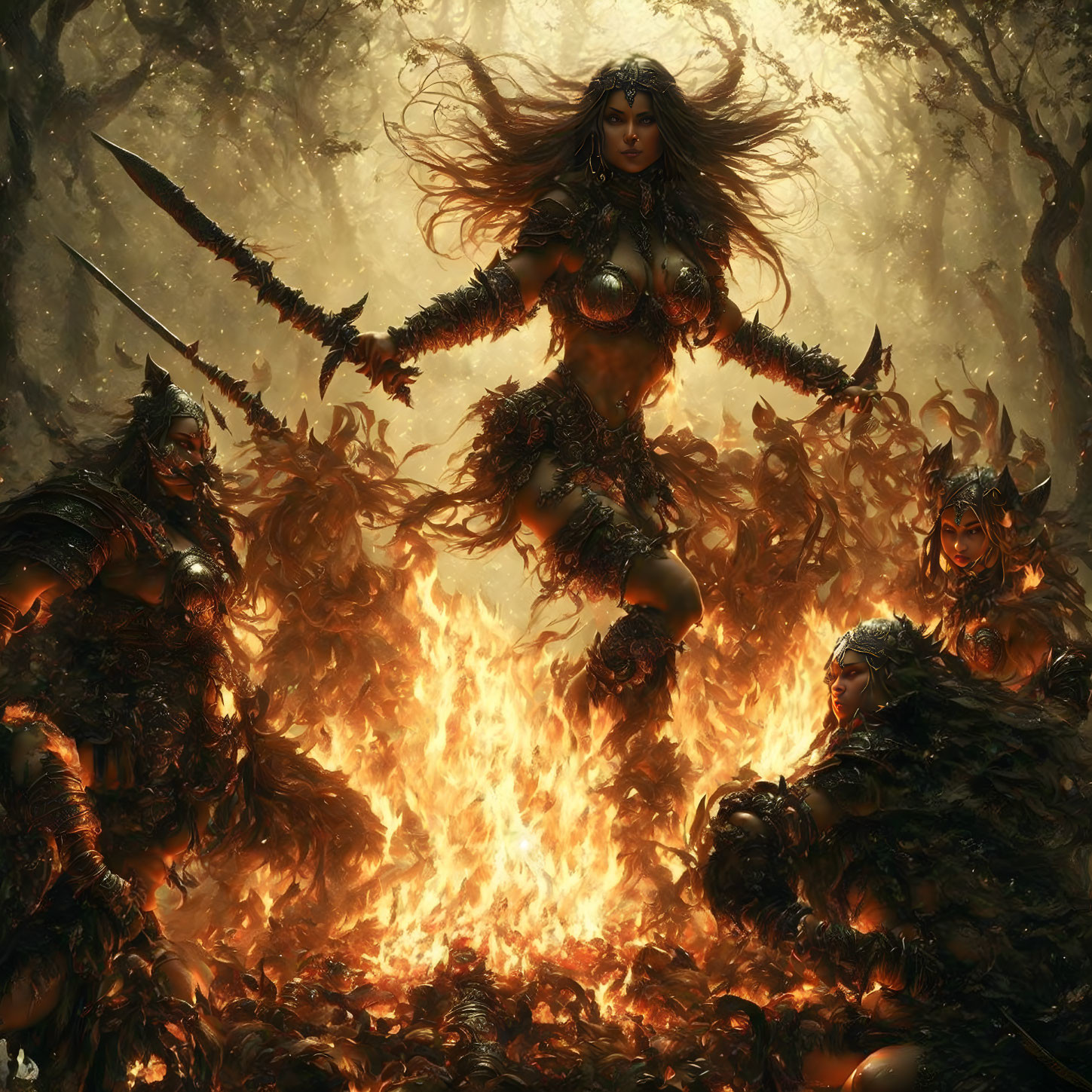 Fantasy artwork of fiery battlefield with female warrior and armored figures