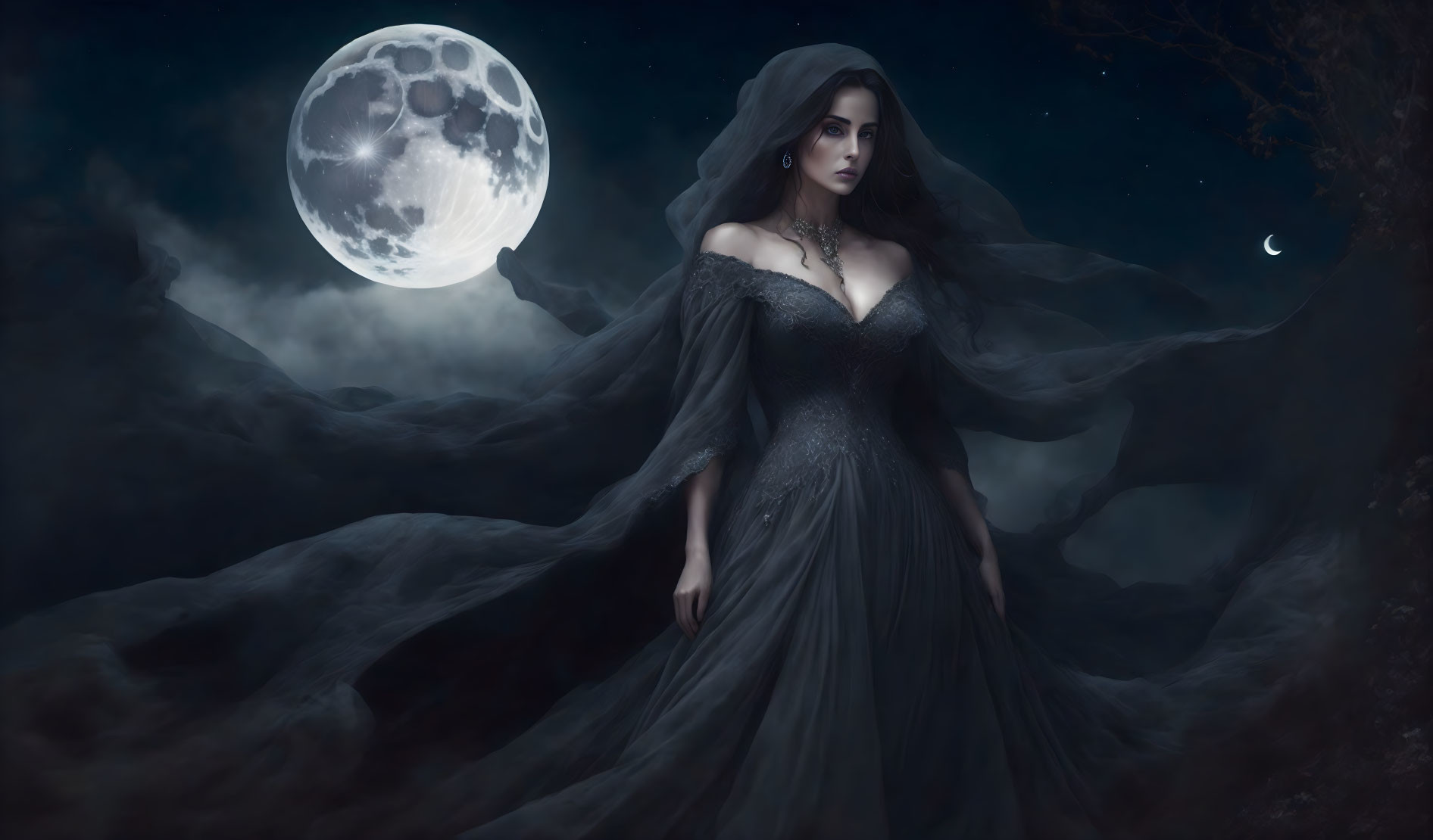 Woman in flowing dark gown under night sky with full moon and crescent.