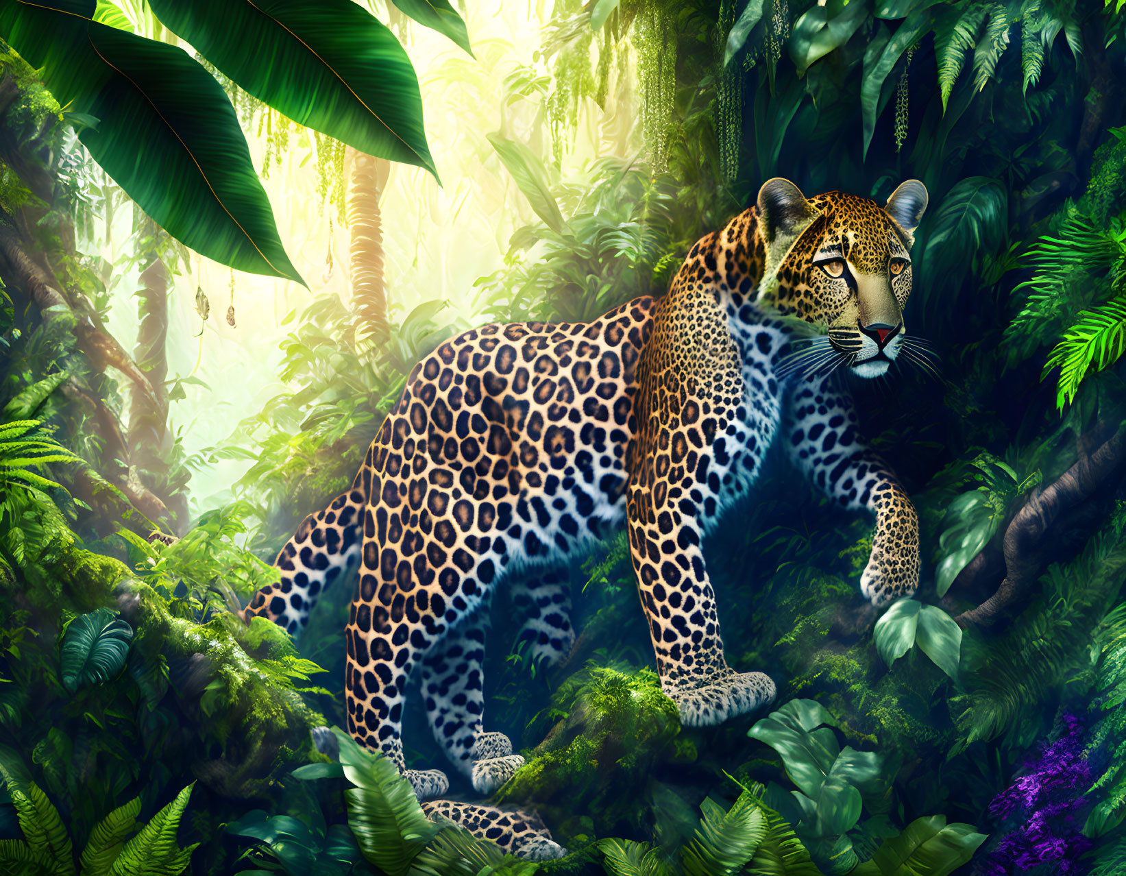 Majestic leopard in lush jungle with vibrant green foliage