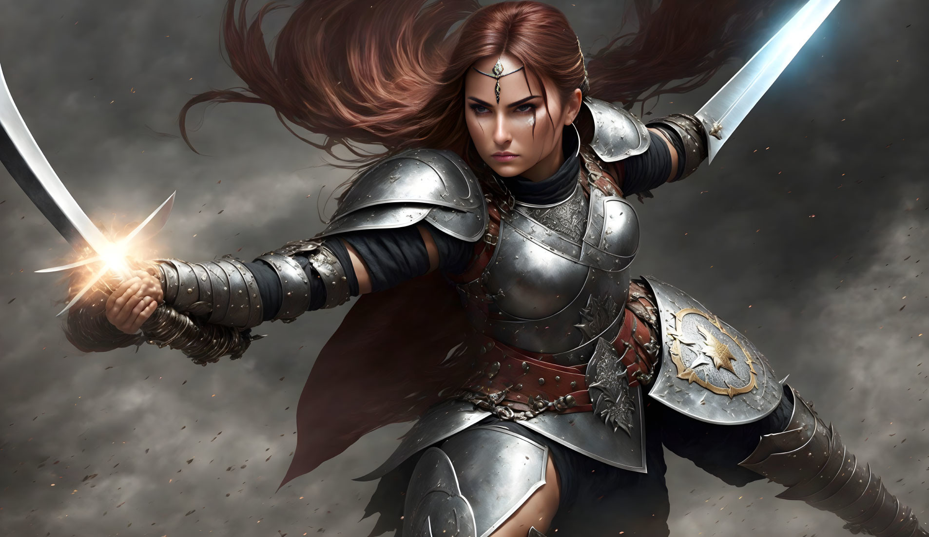 Warrior woman in detailed plate armor with sparking sword against stormy backdrop