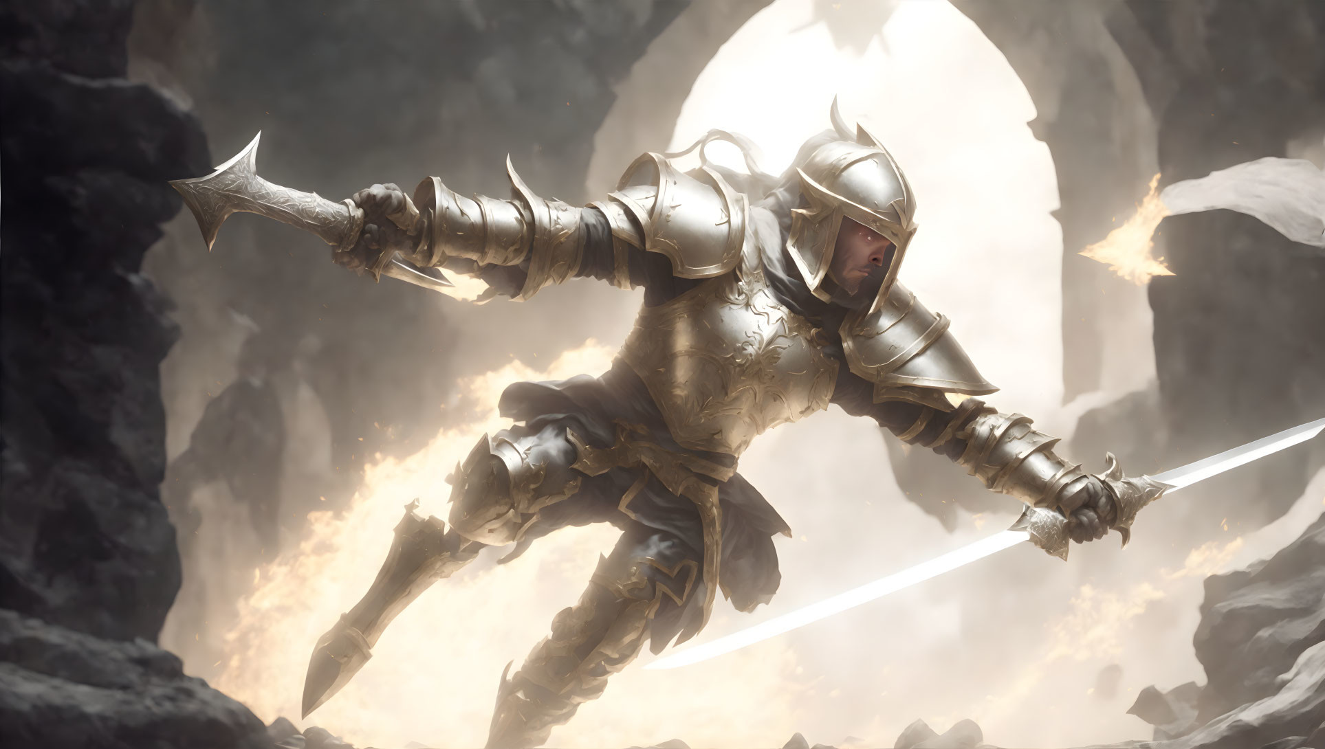 Knight in shining armor charges with sword in rocky landscape under dramatic light.