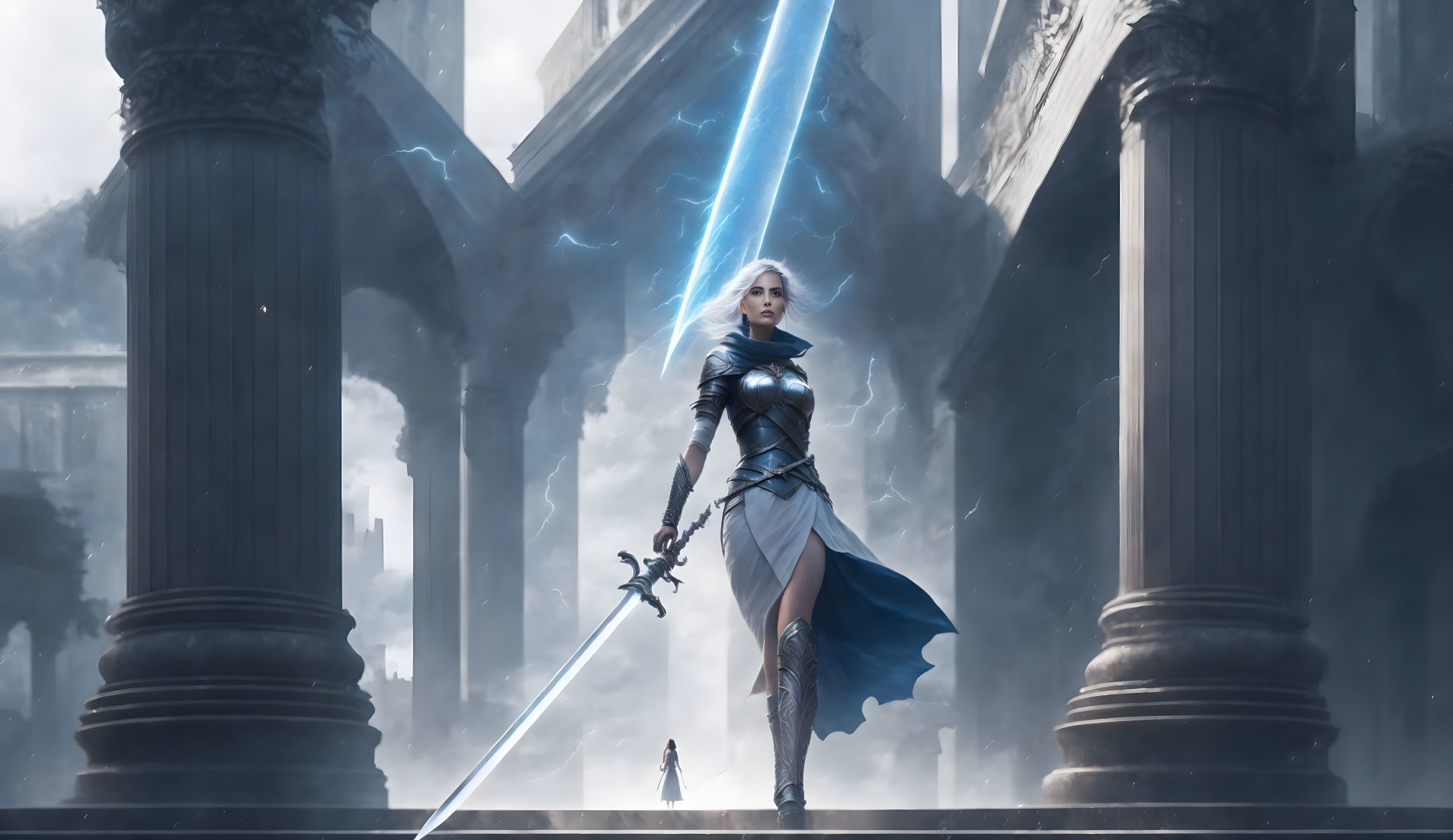 Female warrior in fantasy armor wields glowing sword in majestic cityscape