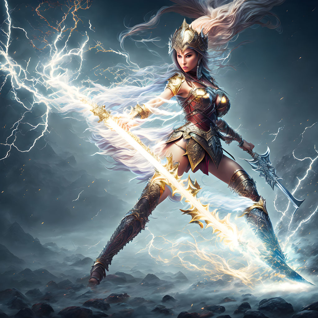 Female warrior in ornate armor with glowing spear on stormy battlefield