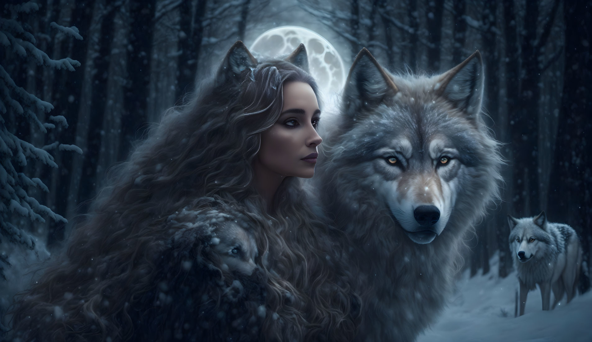 Portrait of woman with wavy hair blending with wolf in snowy forest under full moon