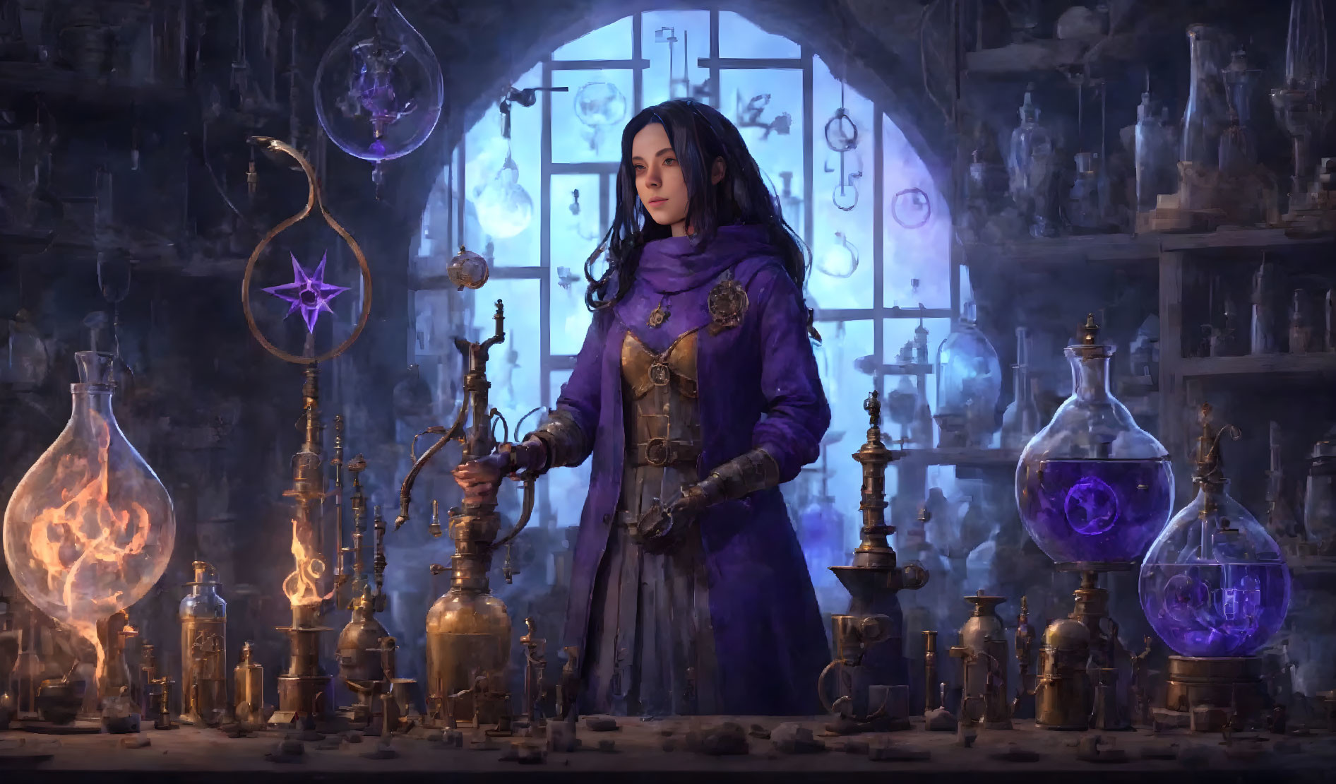 Woman in violet cloak in mystical alchemy lab with potions & symbols