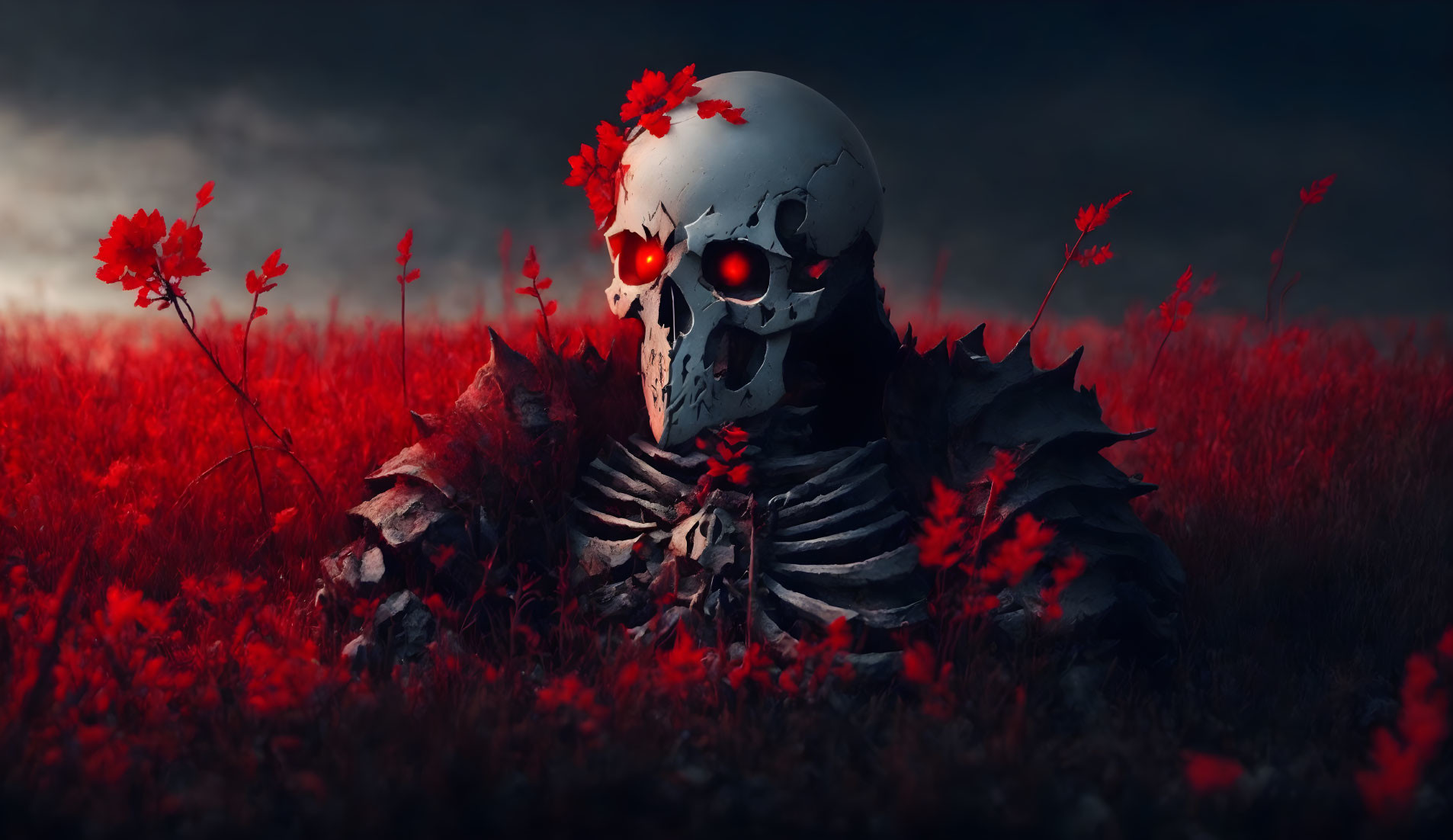 Skull-headed figure with red flowers in crimson field under stormy sky