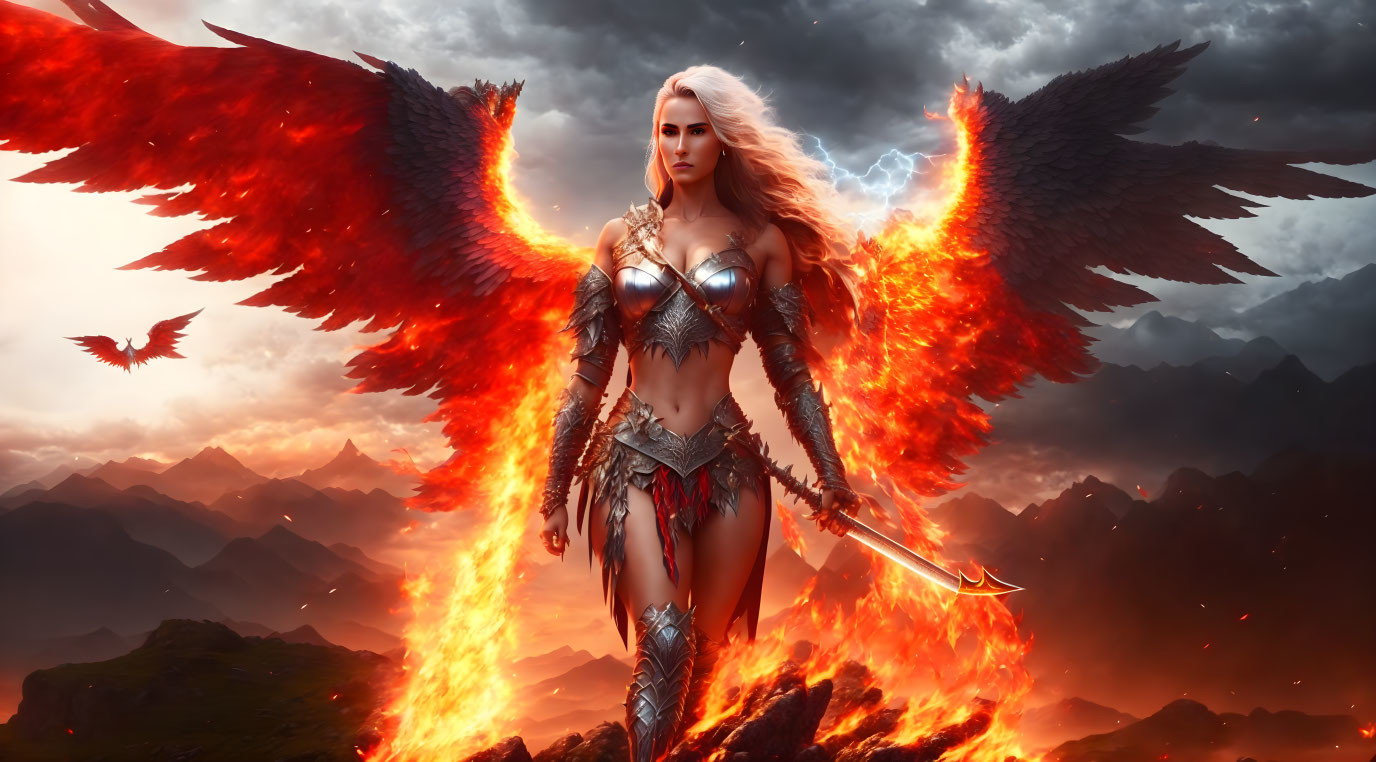 Warrior woman fantasy illustration with red wings and sword in fiery landscape