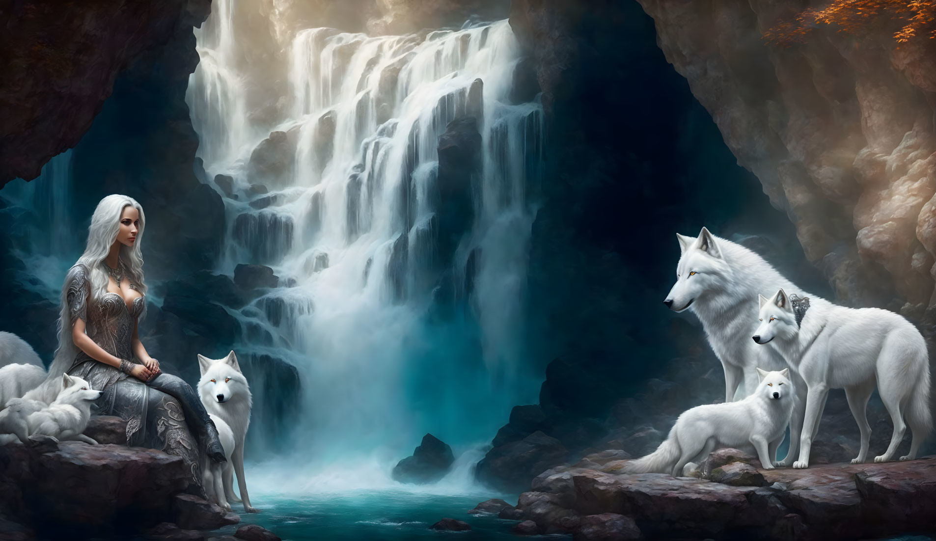 Silver-haired woman with wolves in mystical cave setting by waterfall.