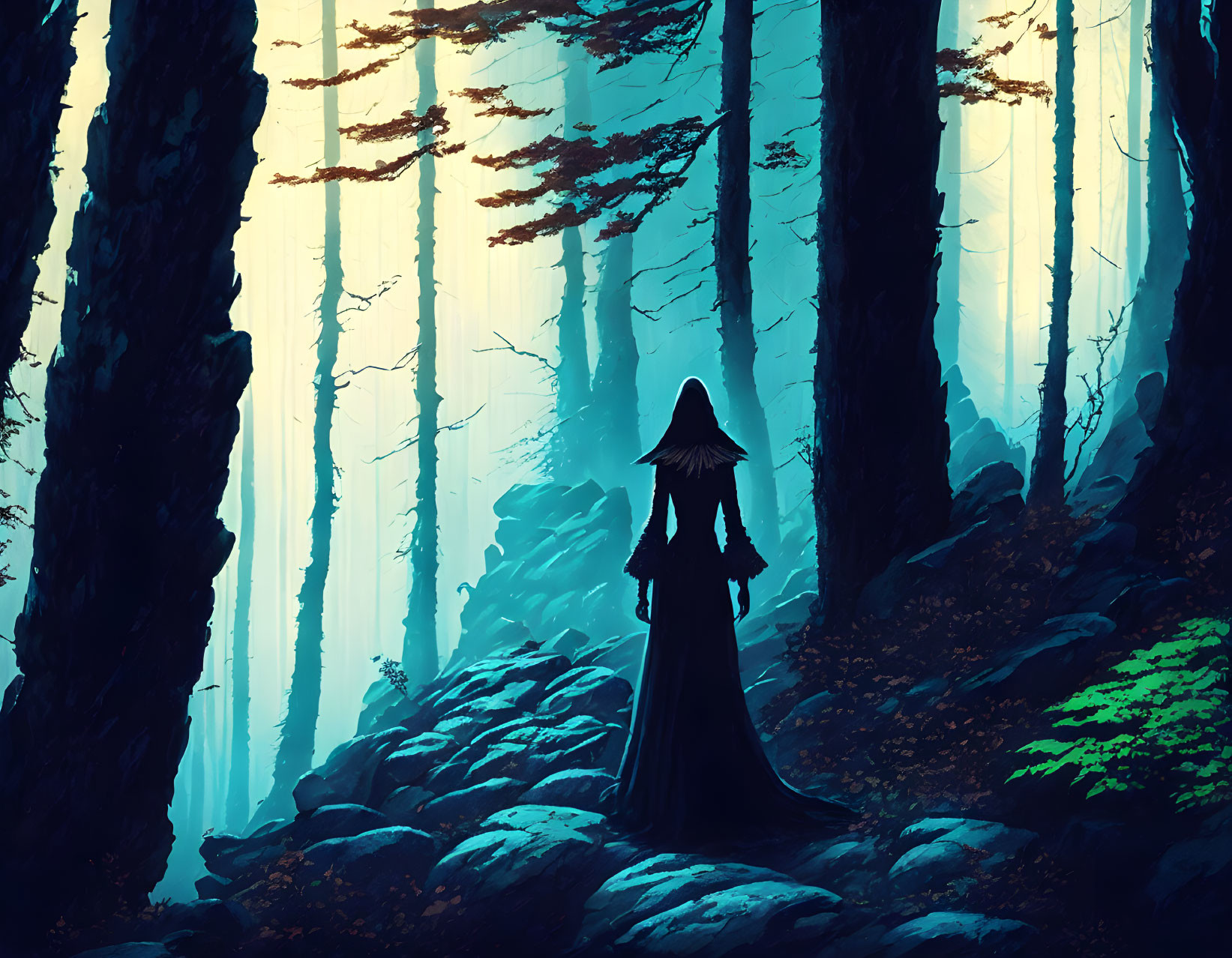 Mystical forest scene with cloaked figure and blue light