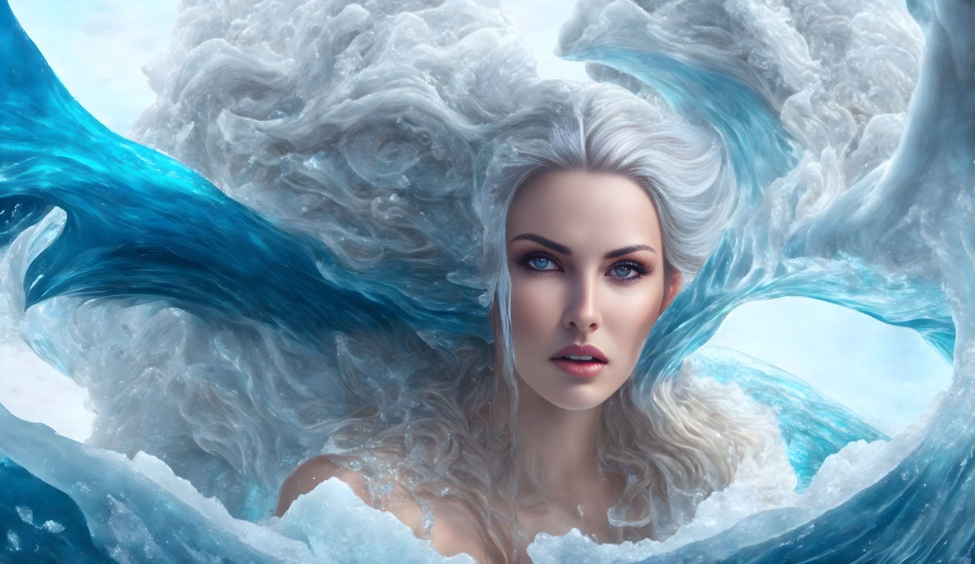 Fantastical digital artwork of woman with flowing white and blue hair.