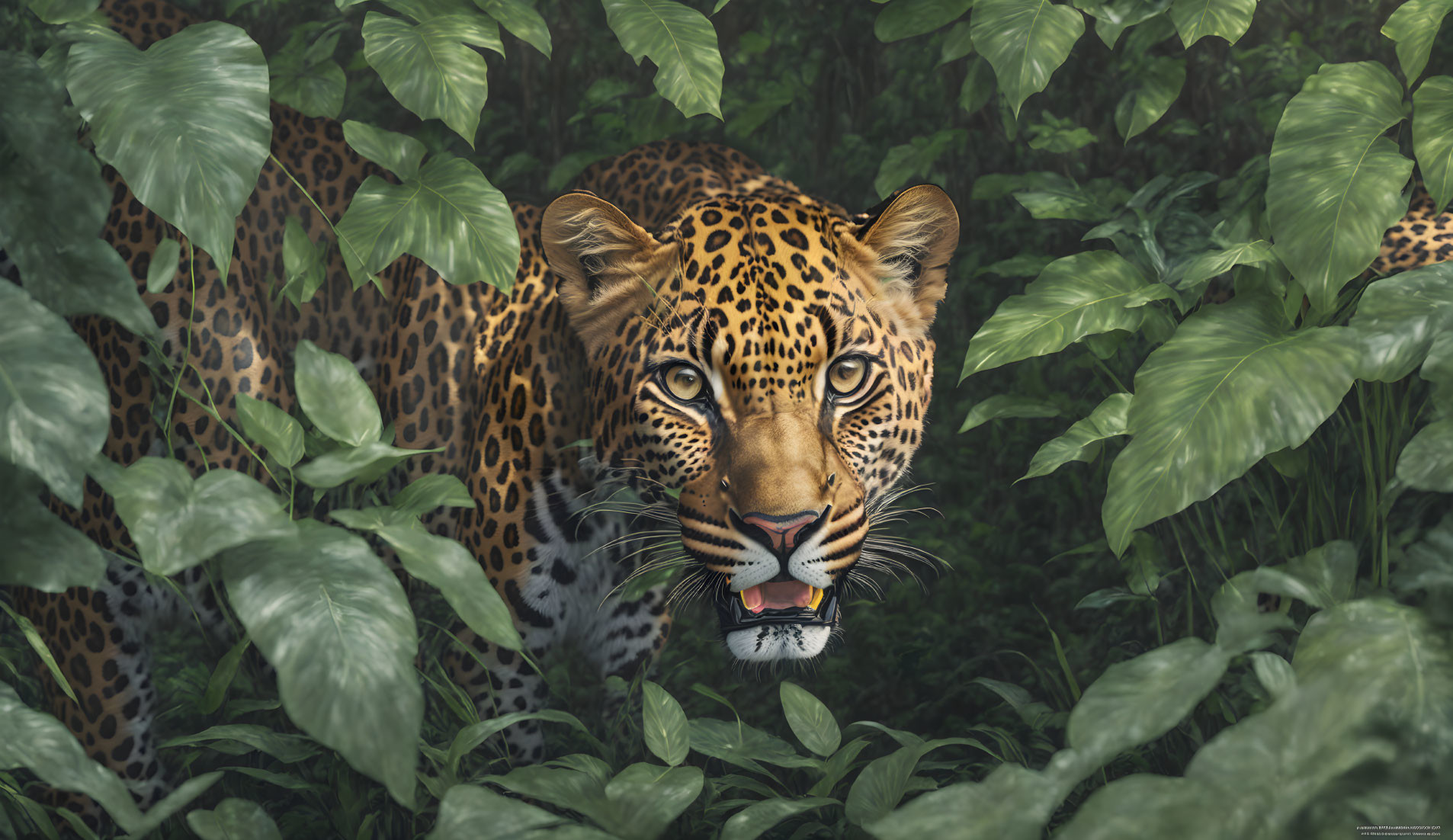 Spotted leopard emerges from dense green foliage