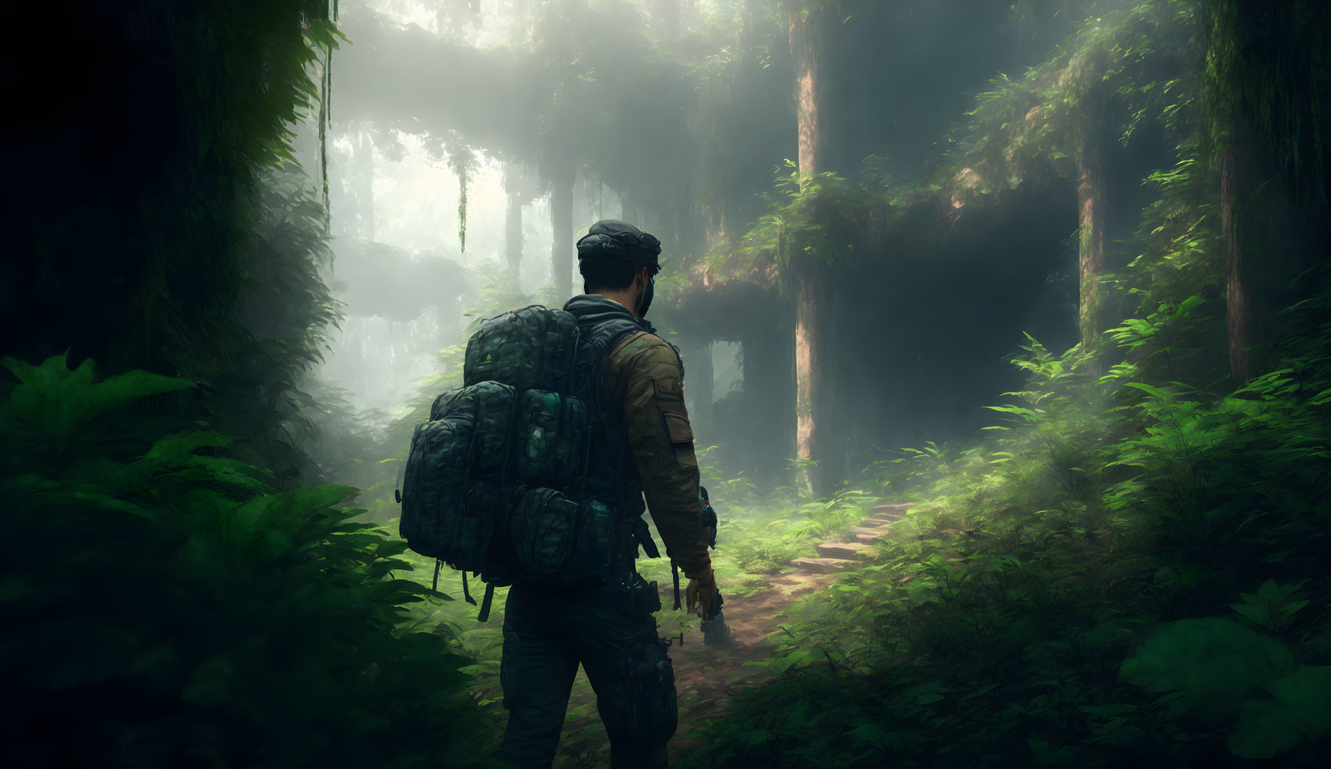 Person with Backpack in Misty Forest with Sunlight Filtering Through Trees