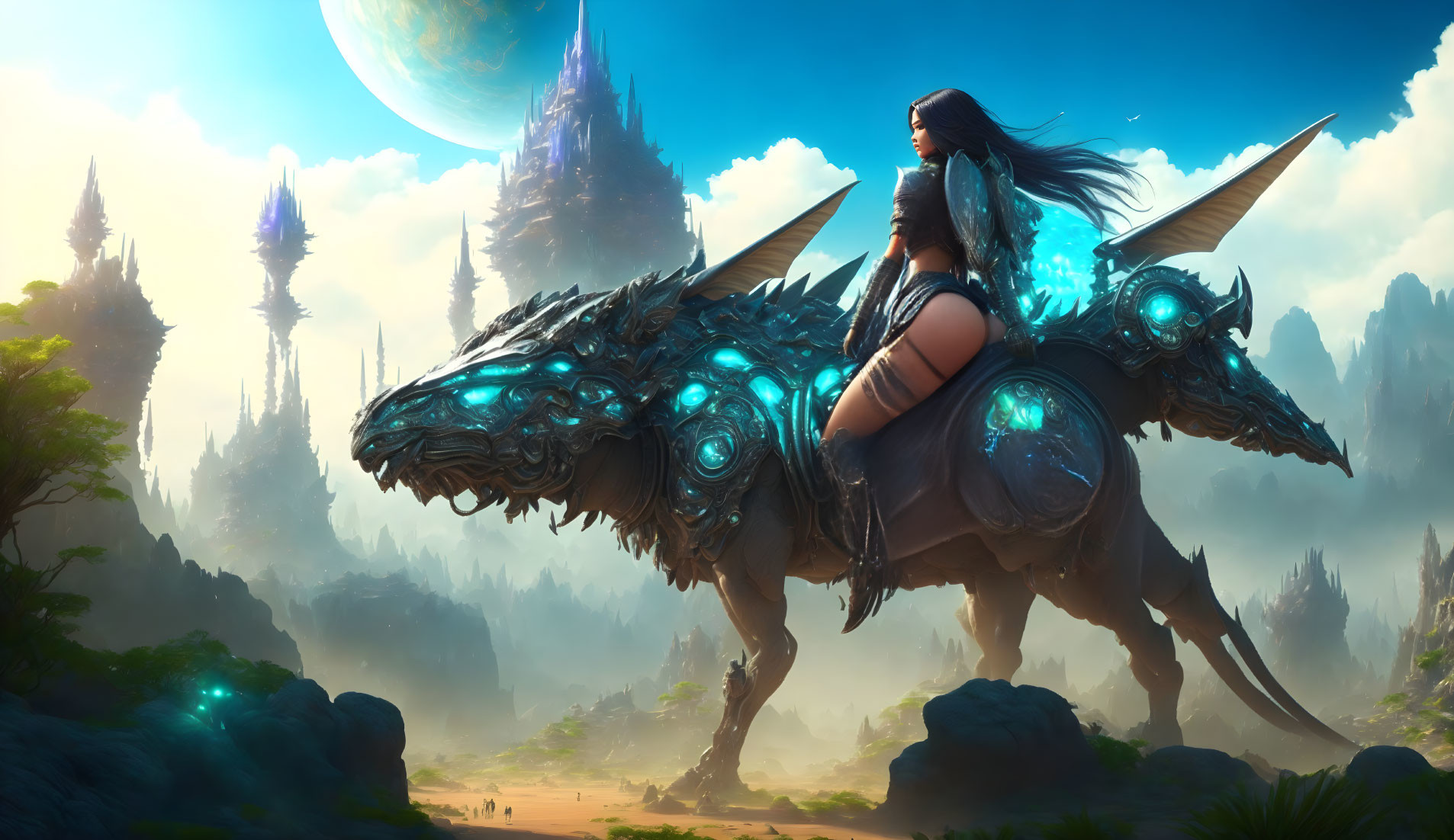 Armored dragon-like creature ridden by warrior woman in fantastical landscape