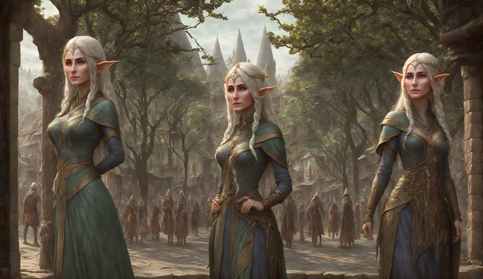 Three identical elf women in green medieval dresses in a forest with similar figures