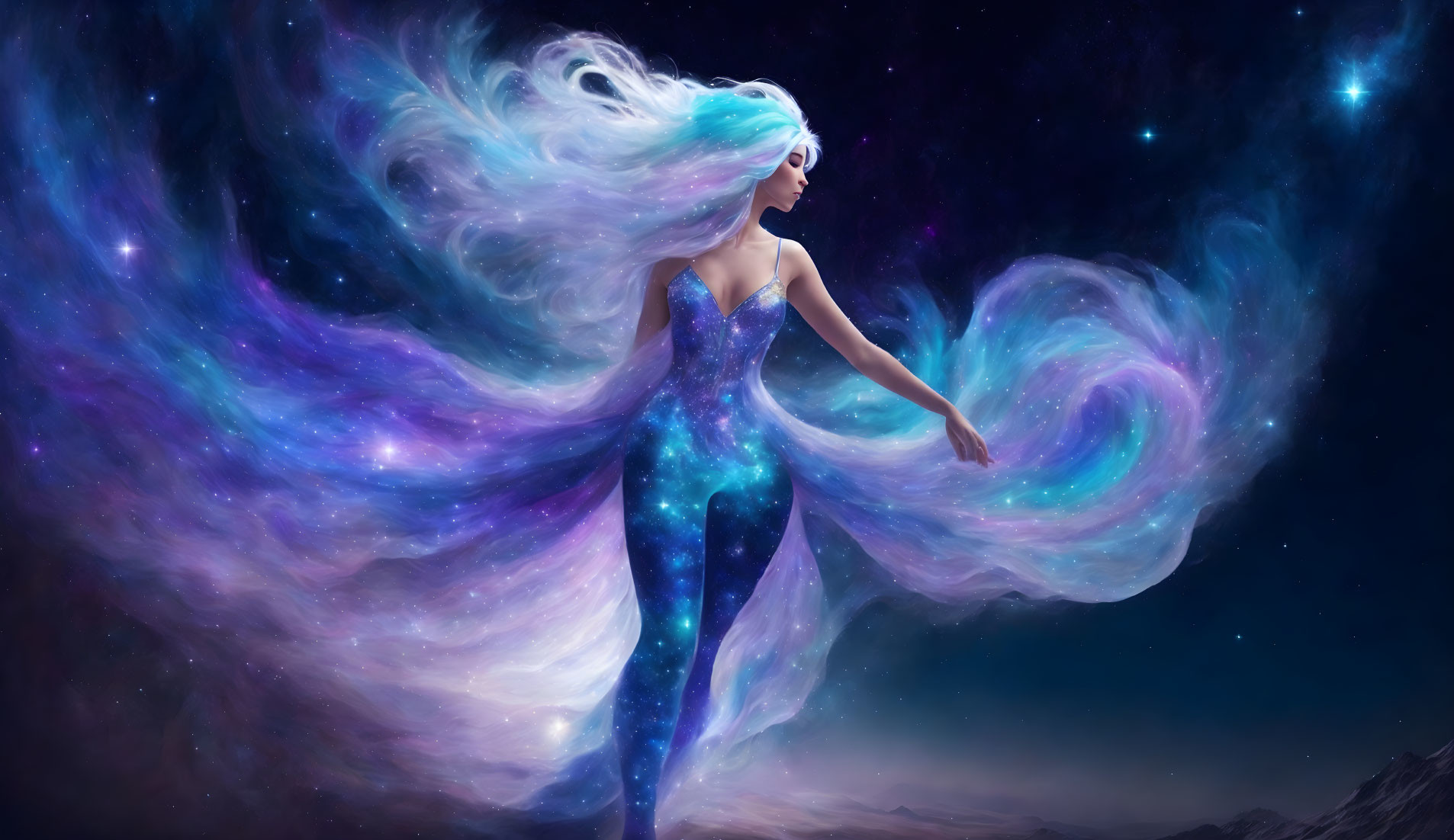 Woman blending with cosmic nebula in digital artwork