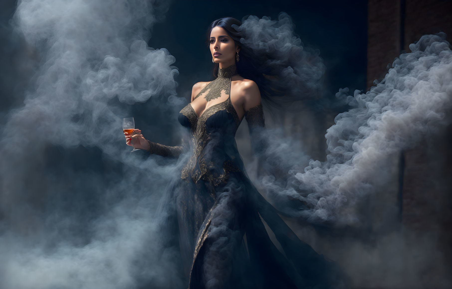 Woman in elegant dark dress with gold accents in misty, blue-lit setting