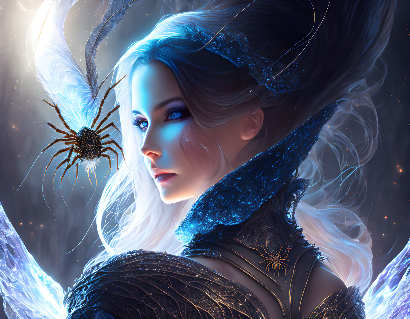 Digital artwork of woman with blue eyes and headdress, adorned with spider.