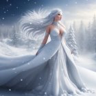 Woman with Long White Hair in Flowing Gown in Snowy Landscape