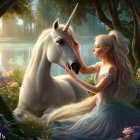 Woman petting unicorn in magical forest by tranquil water