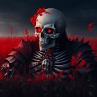 Skull-headed figure with red flowers in crimson field under stormy sky