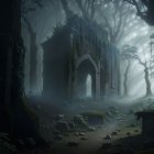 Mysterious fog-filled forest with ancient ruins and towering trees