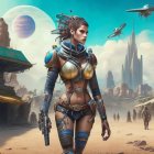 Futuristic female warrior in armor with sci-fi desert backdrop