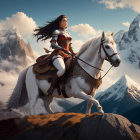 Female warrior in armor on white horse in mountain landscape