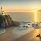 Tranquil sunset scene with lighthouse on rocky cliff by ocean