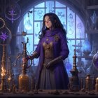 Woman in violet cloak in mystical alchemy lab with potions & symbols