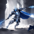 Warrior in Blue Armor with Glowing Sword and Shield on Rocky Terrain